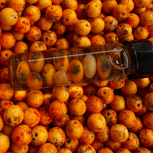 A vial of dead sockeye salmon eggs is included for direct comparison, allowing you to see the authentic coloration and detail our beads replicate.