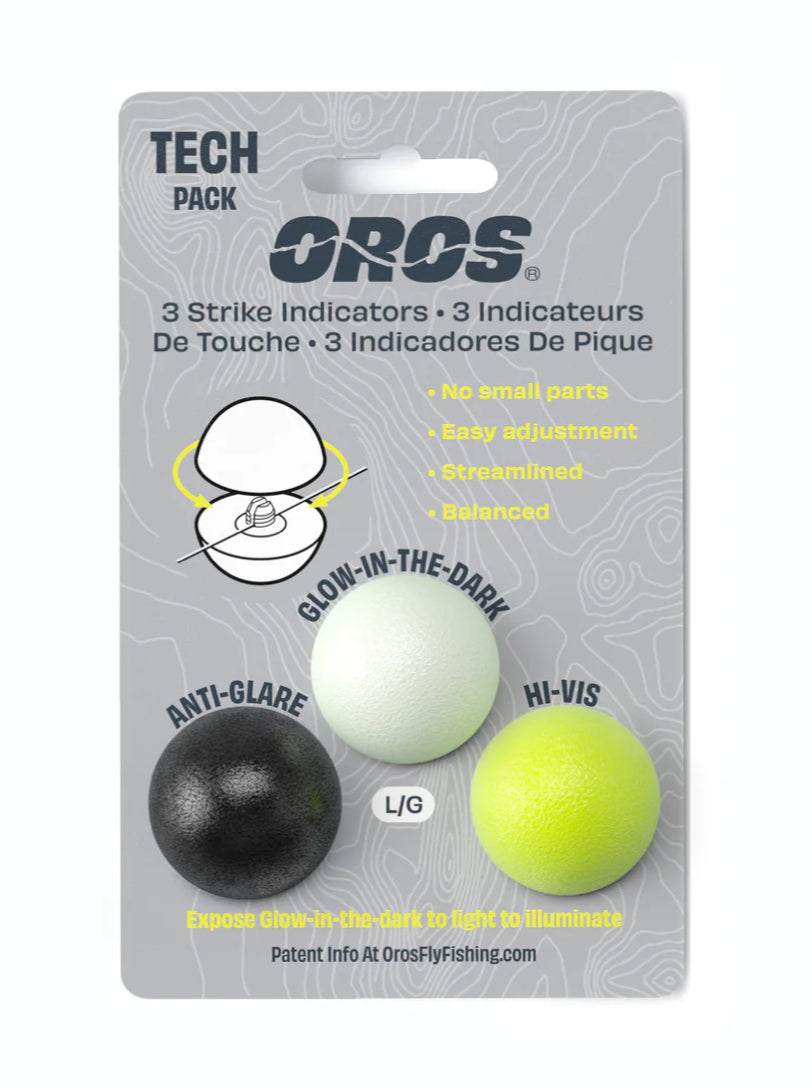 A pack of three Oros strike indicators in black, white, and green, with the Oros brand logo at the top and product information below.