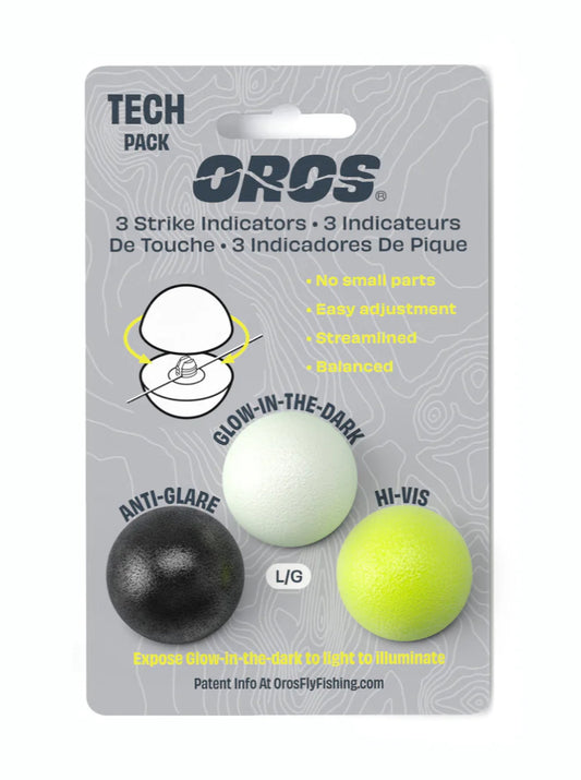 A pack of three Oros strike indicators in black, white, and green, with the Oros brand logo at the top and product information below.